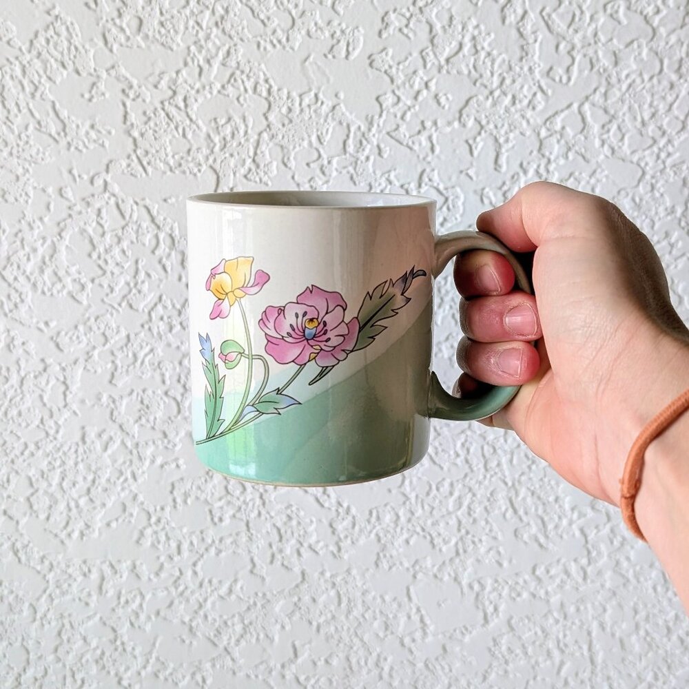 Vintage 70s MCM Pastel Floral Pink Teal Ceramic Coffee Mug Cottagecore